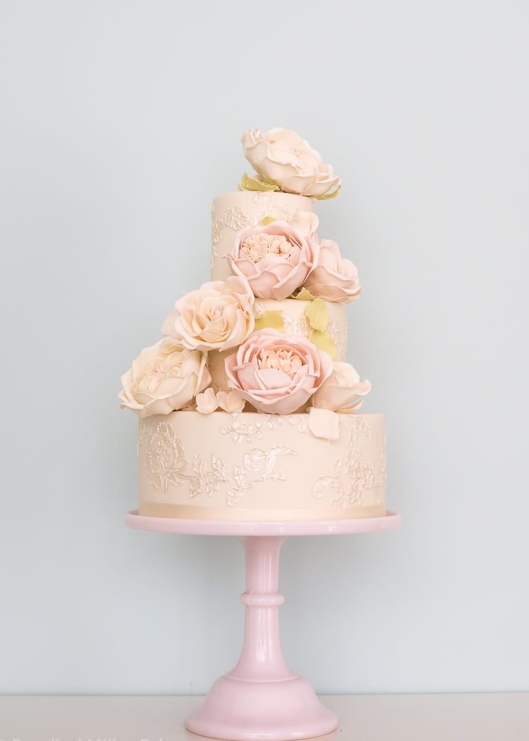 Blush Roses and Piped Embroidery Wedding Cake