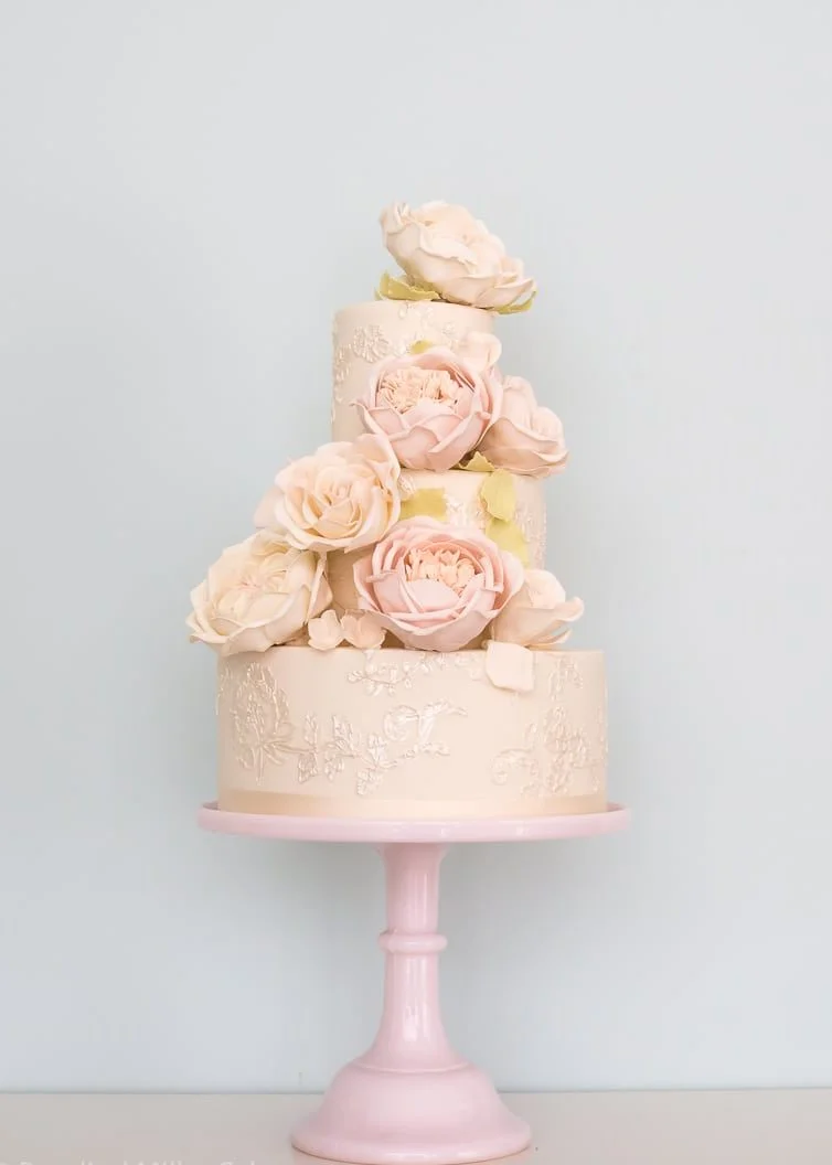 Blush Roses and Piped Embroidery Wedding Cake