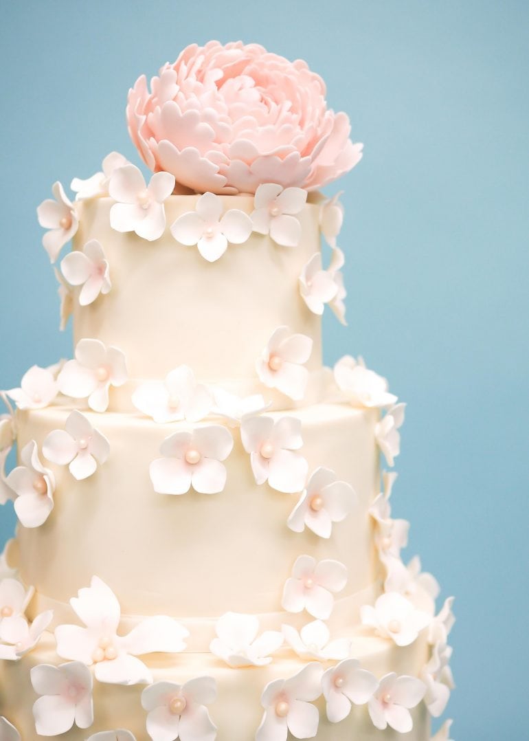 Pink Peony & Falling Blossoms Wedding Cake