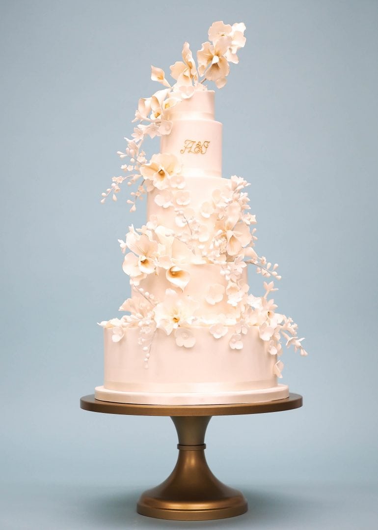Orchids & Anemones with a Touch of Gold Wedding Cake