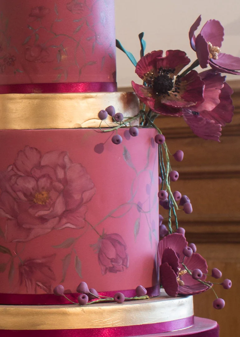Burgundy Painted Flowers Wedding Cake by Rosalind Miller Cakes