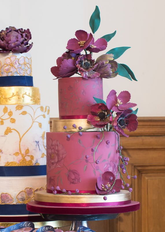 Burgundy Painted Flowers Wedding Cake by Rosalind Miller Cakes