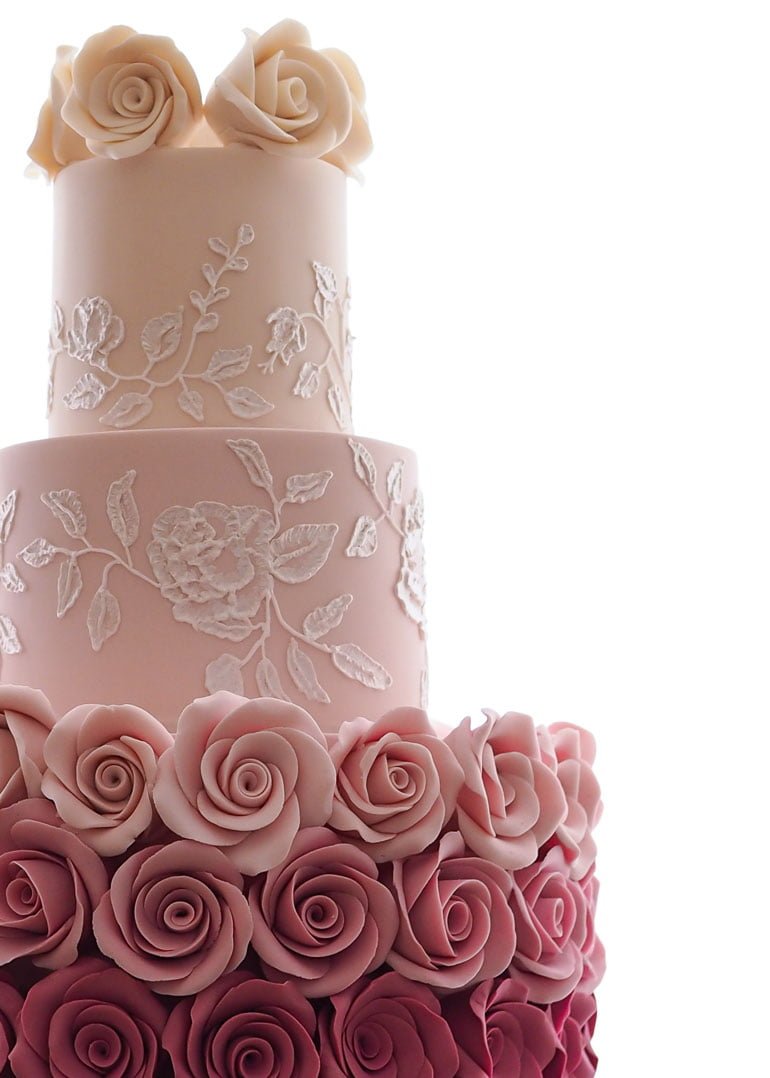 Ombre Roses Embroidery Wedding Cake with Sugar Flowers