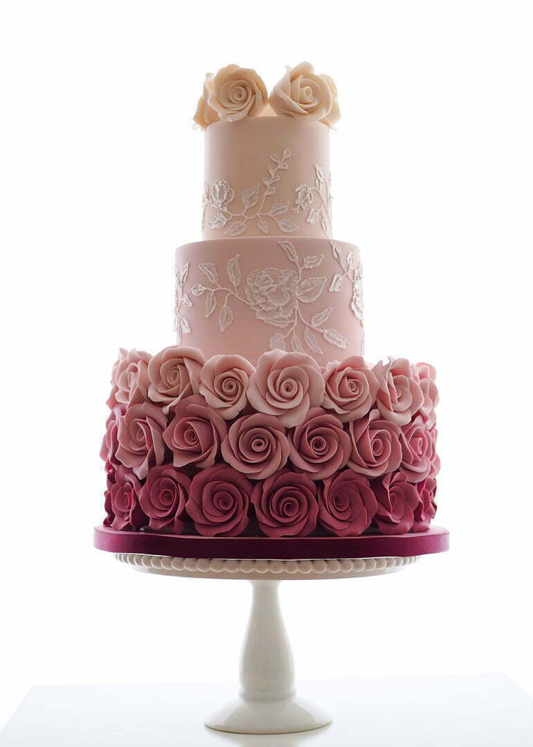 Ombre Roses Embroidery Wedding Cake with Sugar Flowers
