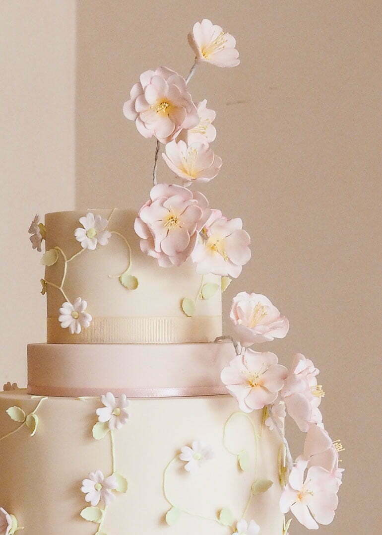 Pink Embroidered Flowers Wedding Cake by Rosalind Miller Cakes
