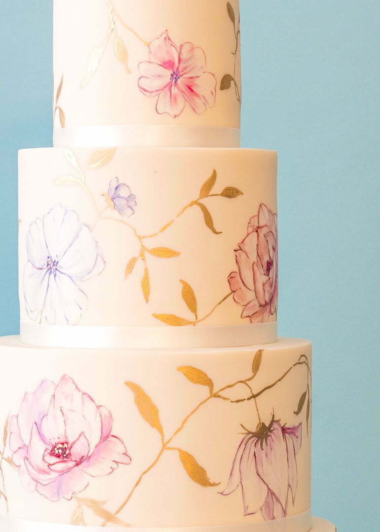 Painted Floral Trio Wedding Cake by Rosalind Miller Cakes