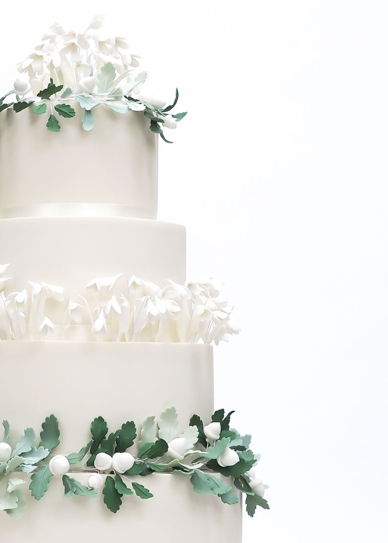 Snowdrops and Acorns Wedding Cake by Rosalind Miller Cakes